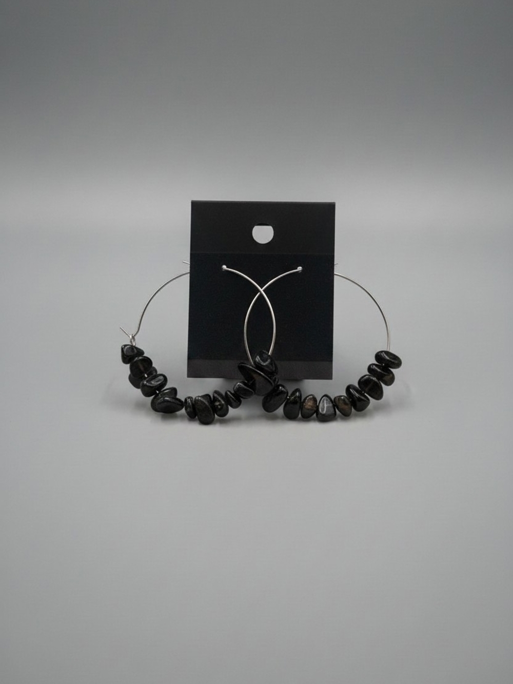 Black Beaded Hoop Earrings with Silver Wire